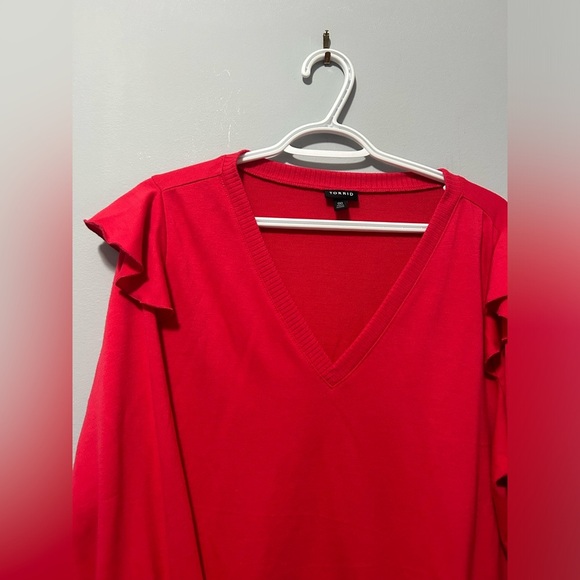 Torrid lightweight French terry V-neck ruffle shoulder sweater shirt - Picture 7 of 14